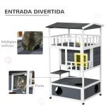 Casa para Gatos Caseta de madeira em abeto com espaço amplo com 4 pisos e espaço destacável para areia 75,5x75x137 cm