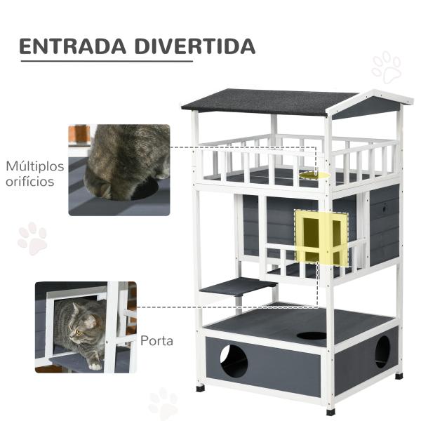 Casa para Gatos Caseta de madeira em abeto com espaço amplo com 4 pisos e espaço destacável para areia 75,5x75x137 cm