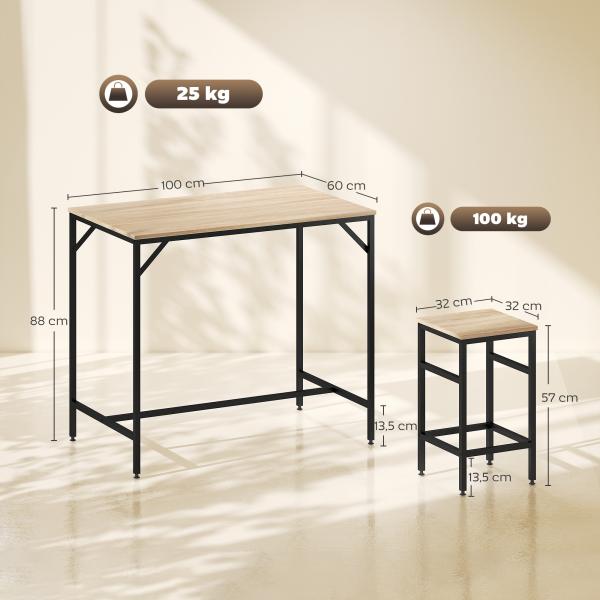 Conjunto de Mesa de Bar com 4 Bancos com Apoio para os Pés Conjunto de Móveis de 5 Peças Mesa de 100x60x88cm e Bancos de 32x32x57cm para Sala de Jantar Cozinha Preto e Carvalho