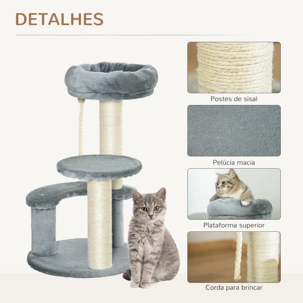 Árvore Arranhador para Gatos Ø40x65 cm com Cama Plataformas em Pelúcia Corda Suspensa e Poste com Corda de Sisal Cinza