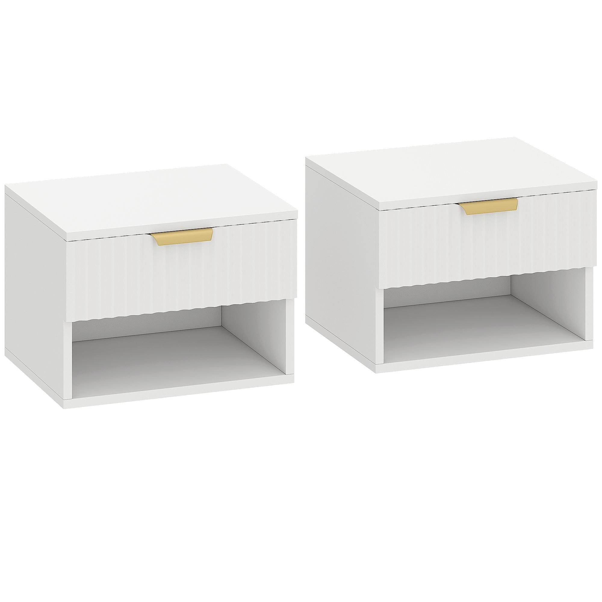 Conjunto de 2 Mesas de Cabeceira Flutuantes Estreitas com Gaveta com Frente Canelada e Prateleira Aberta 40x34x29 cm Branco