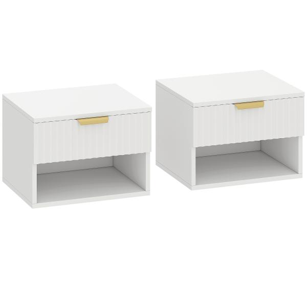 Conjunto de 2 Mesas de Cabeceira Flutuantes Estreitas com Gaveta com Frente Canelada e Prateleira Aberta 40x34x29 cm Branco