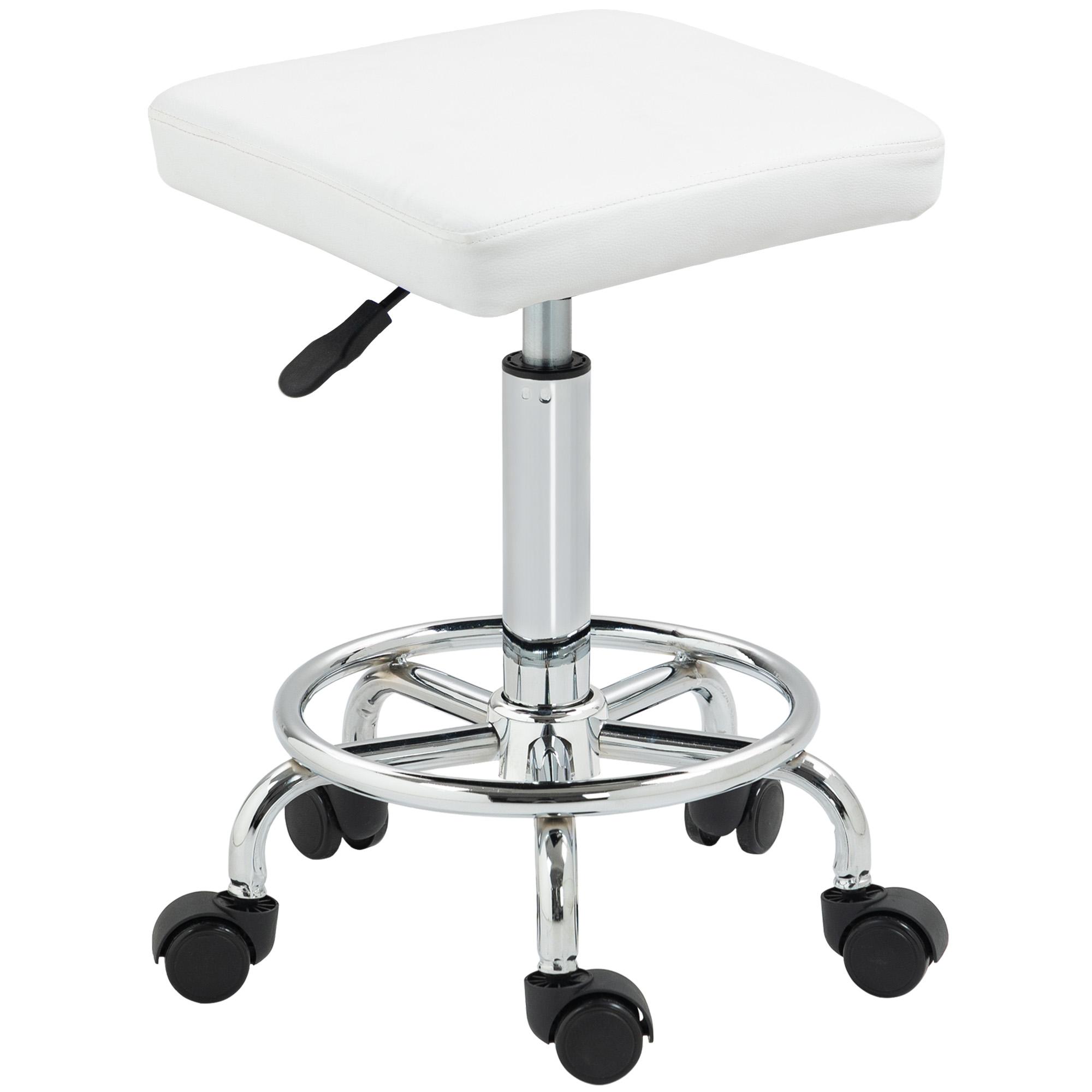 Banco Giratório com Rodas Altura Regulável 50 - 66 cm Assento Estofado em Imitação de Couro 34x34x50 - 66 cm Branco