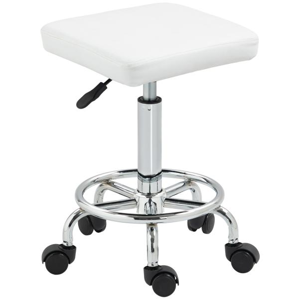 Banco Giratório com Rodas Altura Regulável 50 - 66 cm Assento Estofado em Imitação de Couro 34x34x50 - 66 cm Branco