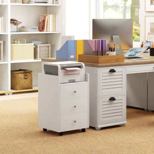 Bloco de Gavetas para Escritório com 4 Rodas 3 Gavetas e 1 Bandeja Amovível Carga 30 kg 43x40x66,5 cm Branco e Natural