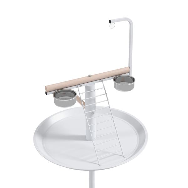 Comedouro para Pássaros em Pé Ø60x138 cm com 4 Rodas 2 Recipientes de Aço Inoxidável e 2 Poleiros Branco