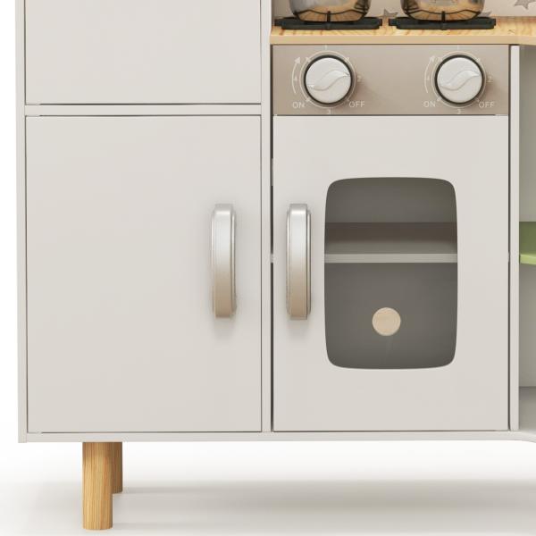 Cozinha de Madeira para Crianças com Máquina de Gelo Lavatório de Aço Inoxidável e Utensílios 84x34x89 cm Branco