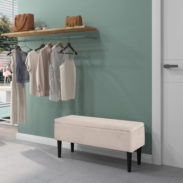 Banco de Armazenamento em Borrego Capacidade 47L Tampa Abatível e Pés de Madeira de Borracha Carga 120 kg 95x38x45 cm Bege