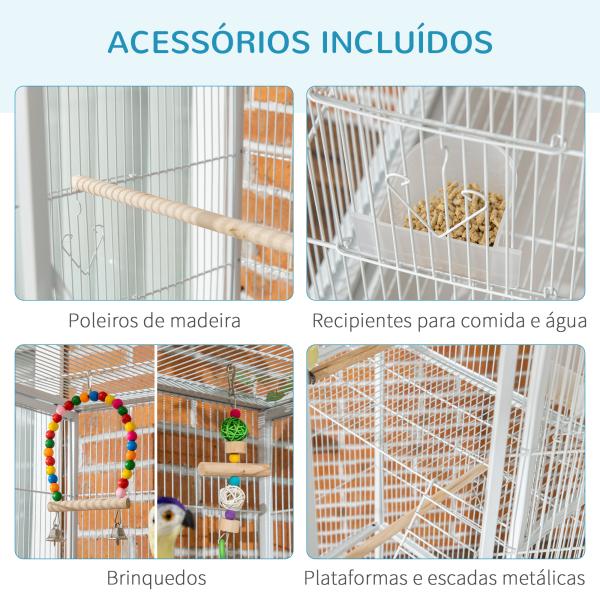 Gaiola para Pássaros com Rodas de 3 Níveis com 3 Poleiros Comedouros Brinquedos Rampas e Prateleira 83x53x180 cm Branco
