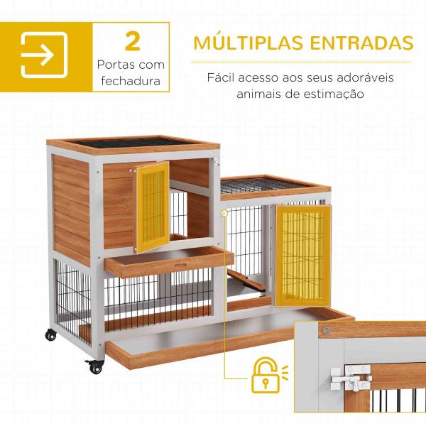 Coelheira de Madeira Interior com Rodas de 2 Pisos com Zona Aberta Rampa e 2 Bandejas Removíveis 110x50x88 cm Madeira
