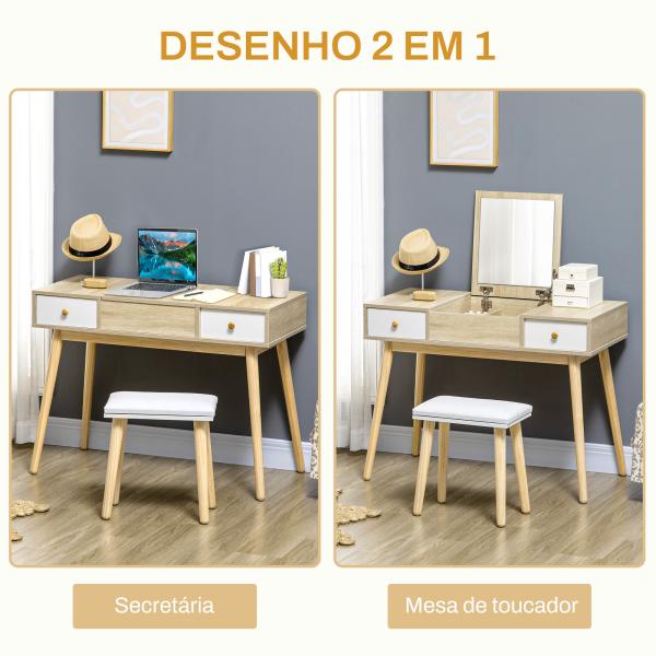Toucador com Espelho Dobrável Mesa de Maquilhagem com Banco Compartimentos e Gavetas 100x45x118cm Madeira e Branco