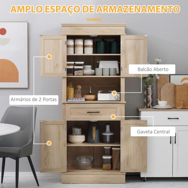 Armário de Cozinha com 4 Portas 1 Gaveta e Prateleira Aberta para Sala de Estar Sala de Jantar 74x39,5x183cm Carvalho