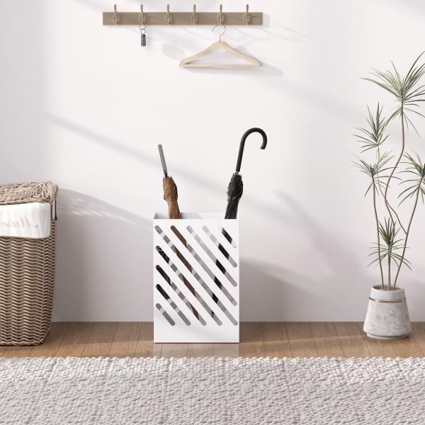 Suporte para Guarda - Chuvas de Aço Galvanizado Estreito com Bandeja de Gotejamento Removível 4 Ganchos 28x14x41 cm Branco