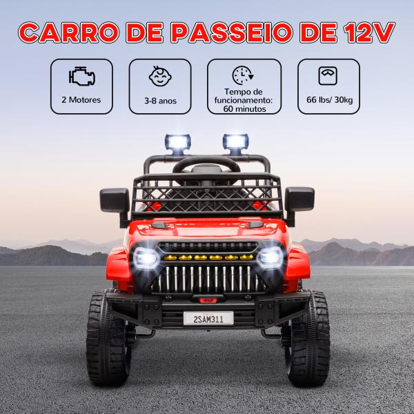 Carro Elétrico para Crianças Carro Elétrico Infantil UTV 12V com Velocidade Ajustável USB e Faróis 95x62,5x65 cm Vermelho
