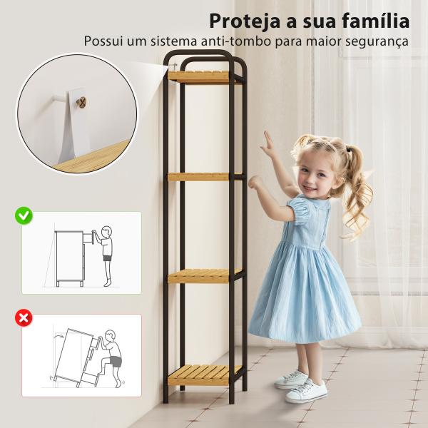 Estante de Casa de Banho de Bambu de 3 Níveis Estante de Armazenamento com 3 Prateleiras Ripas e Estrutura de Aço 41,5x21,5x106 cm Madeira e Preto