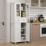 Armário de Cozinha Móvel Auxiliar de Cozinha com 2 Portas de Vidro Gaveta e Prateleiras Ajustáveis 61x35x168,5 cm Branco