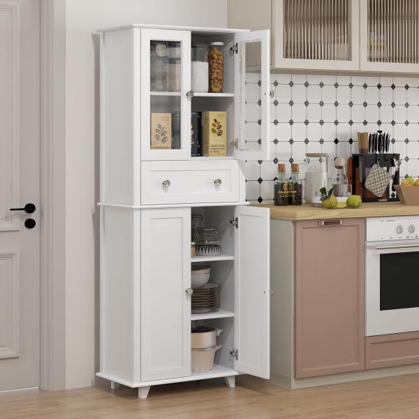 Armário de Cozinha Móvel Auxiliar de Cozinha com 2 Portas de Vidro Gaveta e Prateleiras Ajustáveis 61x35x168,5 cm Branco