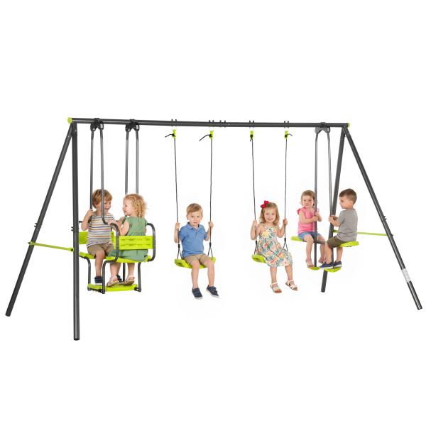 Conjunto de Baloiços Infantil com 2 Baloiços Baloiço Duplo e Estrutura de Aço para Crianças de 3 - 8 Anos 355x184x186 cm Verde
