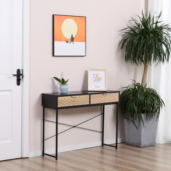 Mesa Consola 100x30x75 cm Mesa de Entrada Moderna com 2 Gavetas de Armazenamento Preto e Madeira