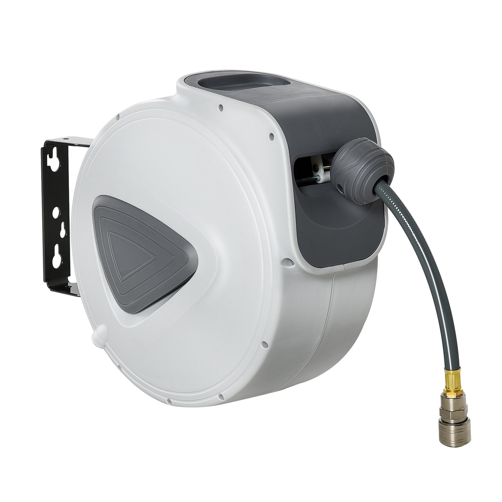 Carrete de Mangueira de Ar Comprimido Automático de 10 m Conector de 1/4'' BSP Suporte Giratório 180° para Parede Cinzento
