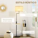 Candeeiro de Pé com Mesa Auxiliar Lâmpada E27 Máx. 40W Ecrã de Linho Interruptor de Corrente e Carregador USB Ø40x168cm Preto e Madeira