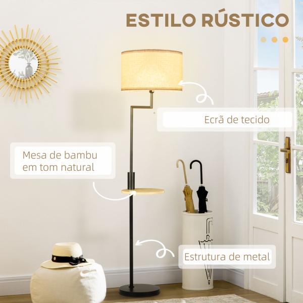 Candeeiro de Pé com Mesa Auxiliar Lâmpada E27 Máx. 40W Ecrã de Linho Interruptor de Corrente e Carregador USB Ø40x168cm Preto e Madeira
