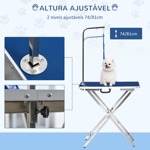 Mesa de Tosquia para Cães com Bancada Antiderrapante Alça e Braço com Altura Ajustável 72x45x74 - 81 cm Azul