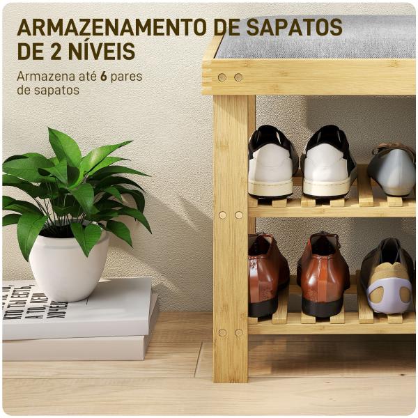 Banco Sapateira de Bambu Sapateira com Assento Almofadado 2 Prateleiras para 6 Pares de Sapatos 60x29x49 cm Madeira e Cinzento