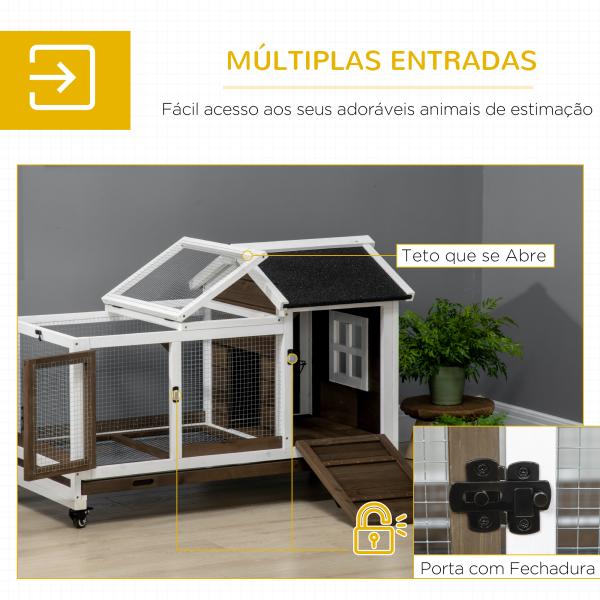 Coelheira de Madeira com Rodas para 1 - 2 Coelhos com Teto Abatível Bandeja Amovível 108x58x73,5cm Marrom Café e Branco