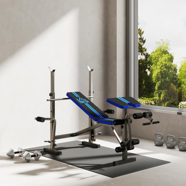 Banco de Musculação com Encosto Ajustável e Suporte para Barras Regulável para Treino em Casa Ginásio 175x139x127 cm Preto e Azul