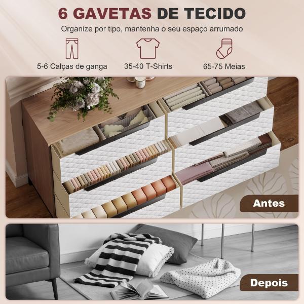Cómoda com 6 Gavetas de Tecido Frentes com Padrão de Diamante Móvel de Arrumação 117,5x30x73,5 cm Madeira e Branco