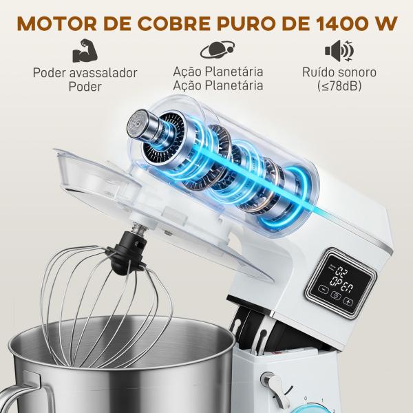 Batedeira Planetária 6L 1400W com Cabeçal Inclinável, 6 Velocidades, Função de Fermentação, Ecrã LED, Branco