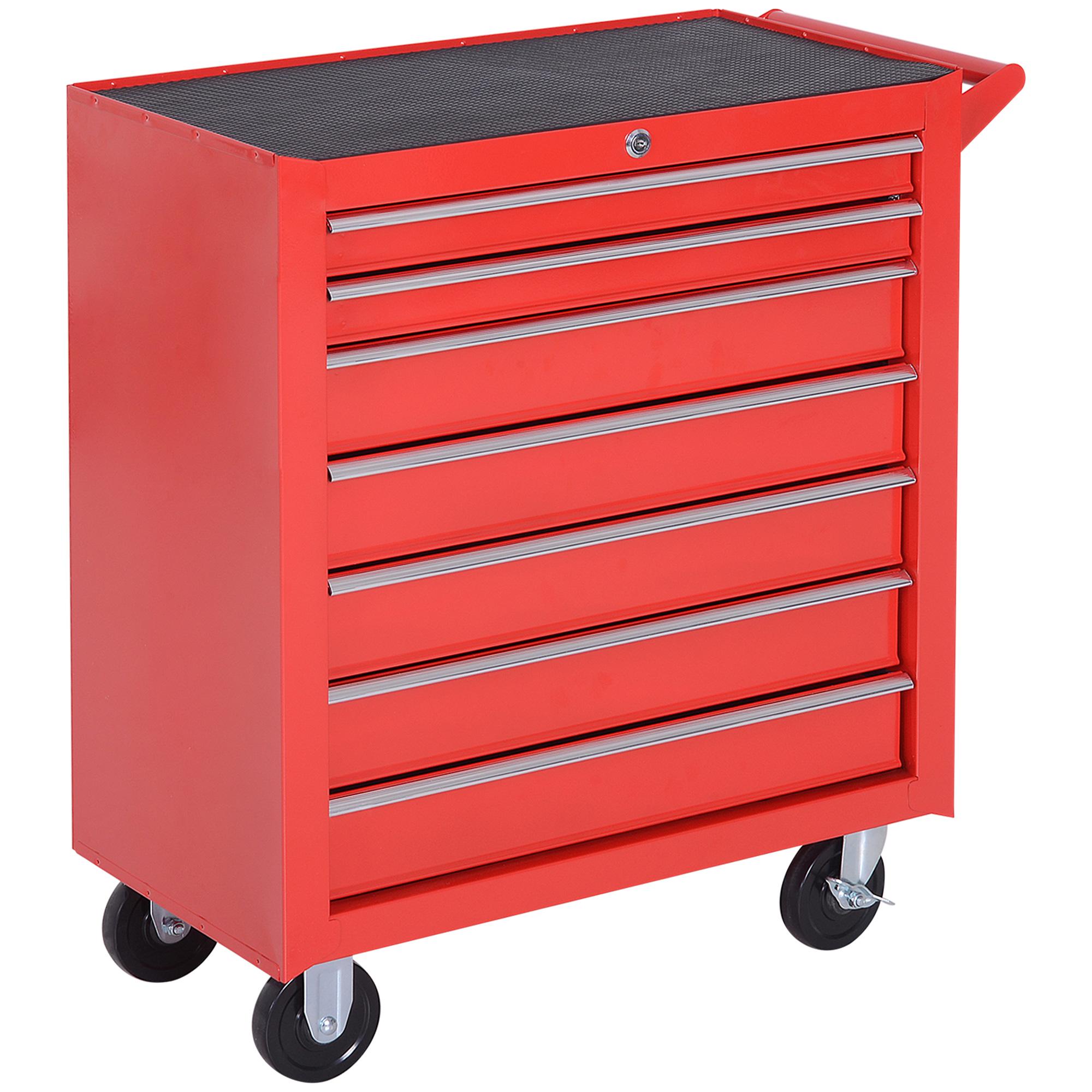 Carrinho de Ferramentas com 7 Gavetas Rodas Trava Armário de Armazenamento para Oficina de Garagem e Chapa de Aço 69x33x75 cm Vermelho