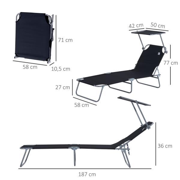 Espreguiçadeira de Jardim Dobrável com Toldo Removível e Ajustável em Ângulo e Encosto Ajustável em 4 Posições para Jardim Terraço Campismo Exterior 187x58x36cm Preto