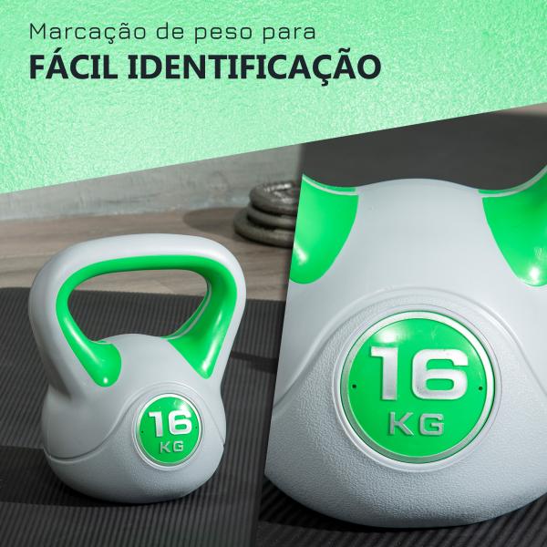 Kettlebell 16 kg Peso Russo com Revestimento de PU e Enchimento de Areia para Treinamento 26x18x32 cm Verde e Cinza