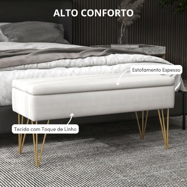 Banco para Pé de Cama Estofado em Tecido Sintético com Pernas de Aço e Assento Acolchoado 100x40x49 cm Creme
