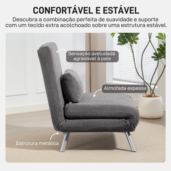 Sofá Cama de Uma Praça Dobrável Revestido em Tecido Cinzento Mesclado com Encosto Ajustável em 5 Níveis 80x75x83 cm