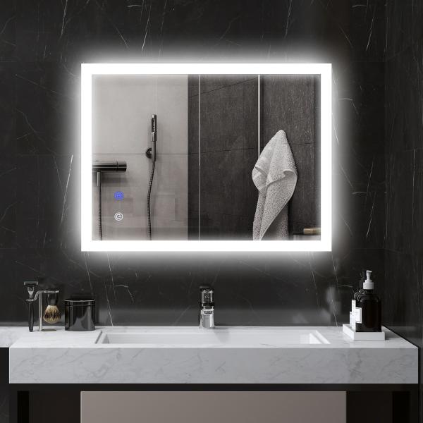 Espelho Casa de Banho com Luzes LED 80x60 cm Função Antiembaciamento 3 Cores Função de Memória e Interruptor Tátil Prata
