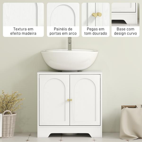 Móvel para Lavatório Pousar com 2 Portas em Arco Puxadores Dourados para Lavatório com ou sem Pedestal 60x30x65 cm Branco