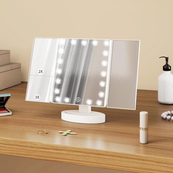 Espelho de Maquilhagem com Luz com Aumento 1x/2x/3x Rotação Livre de 180° 21 Luzes LED 28x12x18 cm Branco