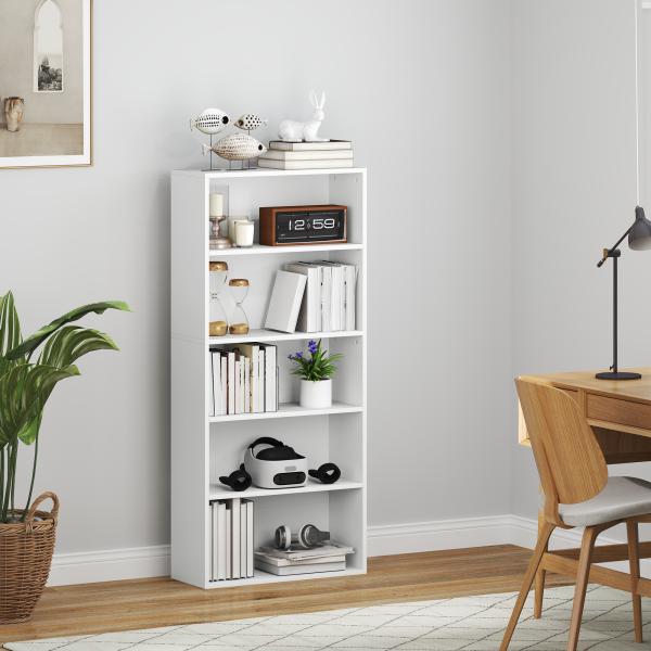 Estante de 5 Níveis Estante para Livros com 2 Prateleiras Ajustáveis para Sala de Estar Escritório Quarto 60x24x133,5 cm Branco