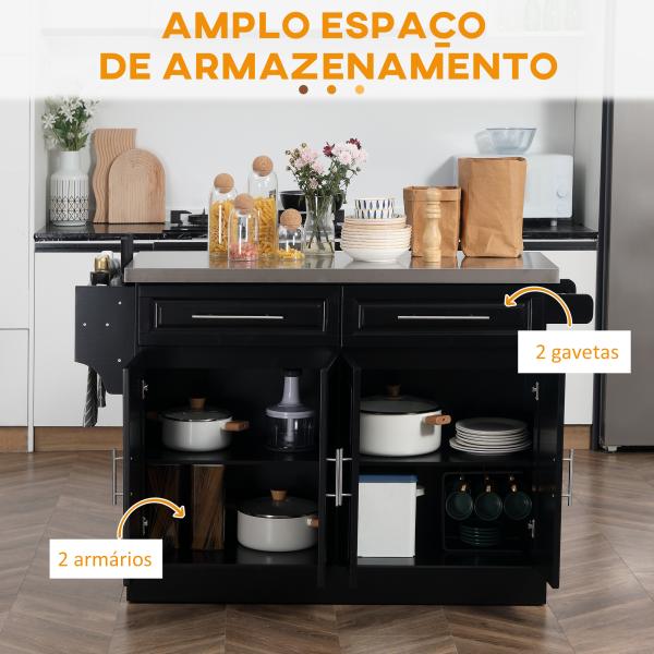 Ilha de Cozinha com Rodas Bancada de Aço Inoxidável 2 Gavetas 4 Portas e 2 Prateleiras Ajustáveis 145x45x93 cm Preto