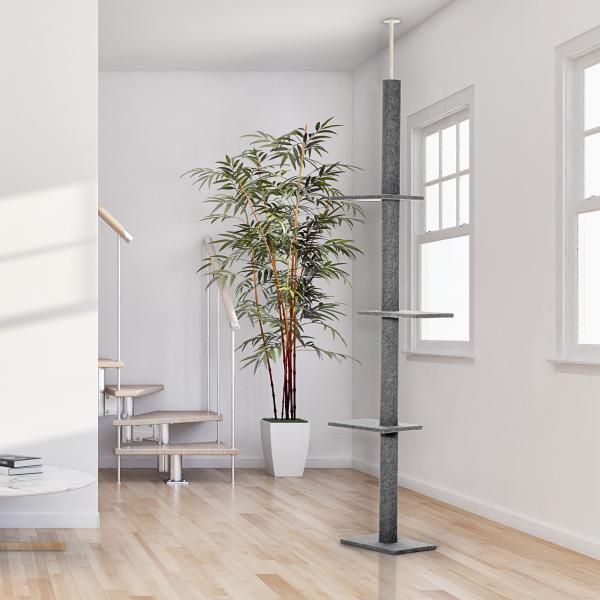 Arranhador para Gatos do Chão ao Teto com Altura Ajustável, 4 Plataformas e Poste 43x27x228 - 260 cm Cinzento
