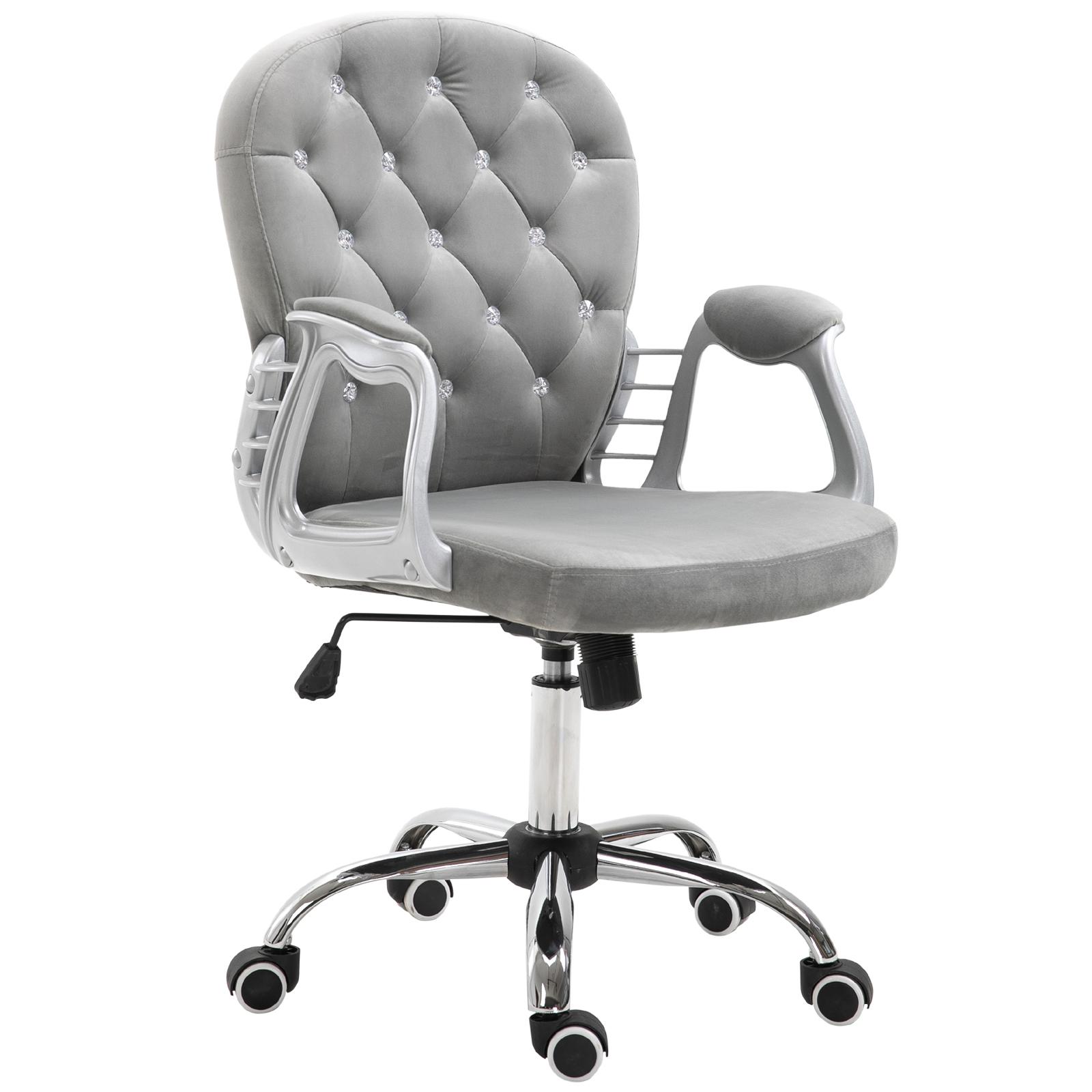 Cadeira de Escritório Estofada em Veludo Cadeira Giratória com Altura Ajustável e Decorações de Cristal 59,5x60,5x95 - 105 cm Cinzenta