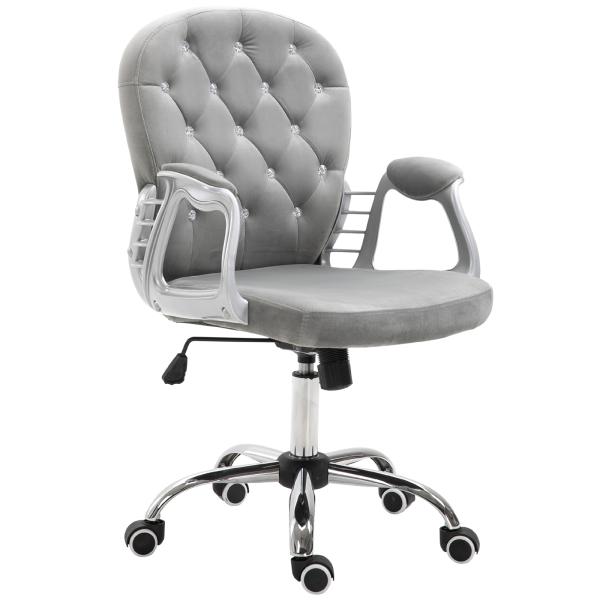 Cadeira de Escritório Estofada em Veludo Cadeira Giratória com Altura Ajustável e Decorações de Cristal 59,5x60,5x95 - 105 cm Cinzenta