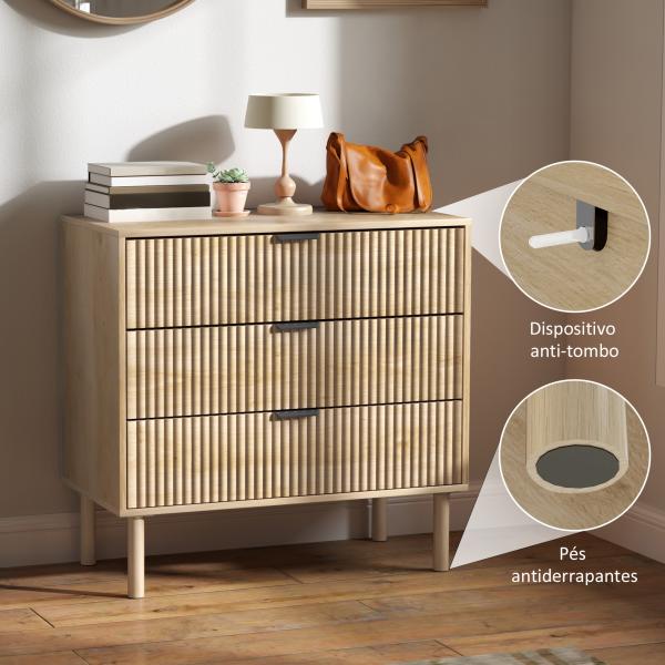 Cómoda com 3 Gavetas Cómoda Dormitório Estilo Nórdico com Painéis Ripados e Puxadores Metálicos 80x40x77,5 cm Madeira