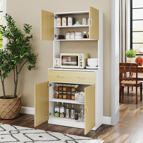 Armário de Cozinha com Gaveta 4 Portas e Prateleiras Interiores Ajustável em Altura Móvel 80x40x180 cm Madeira e Branco