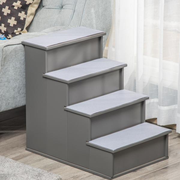 Escada para Animais de Estimação de 4 Degraus Escada para Cães e Gatos com Tapetes Antideslizantes Removíveis 40x59x54,2 cm Cinza