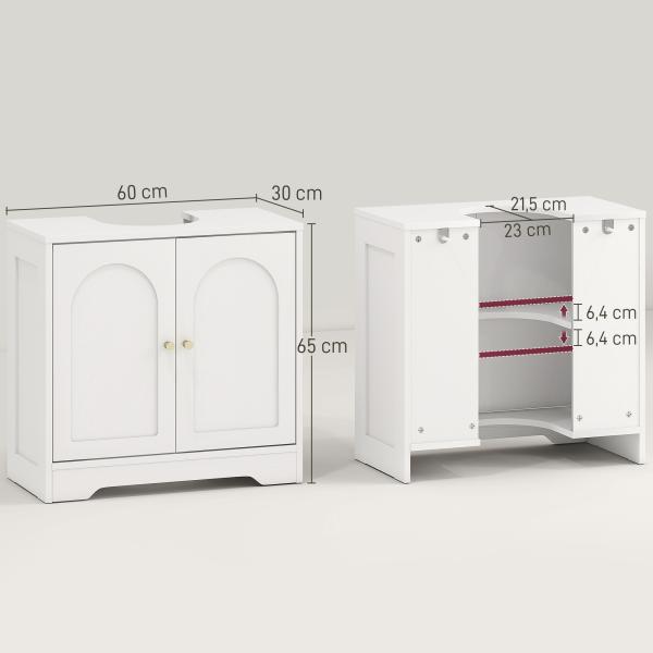Móvel para Lavatório Pousar com 2 Portas em Arco Puxadores Dourados para Lavatório com ou sem Pedestal 60x30x65 cm Branco