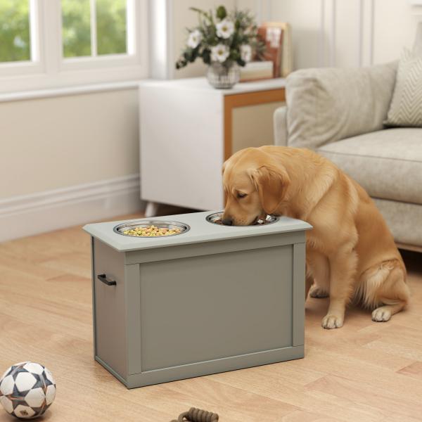 Comedouro Elevado para Cães com 2 Tigelas de Aço Inoxidável e Espaço de Armazenamento Oculto 60x30x41 cm Cinzento